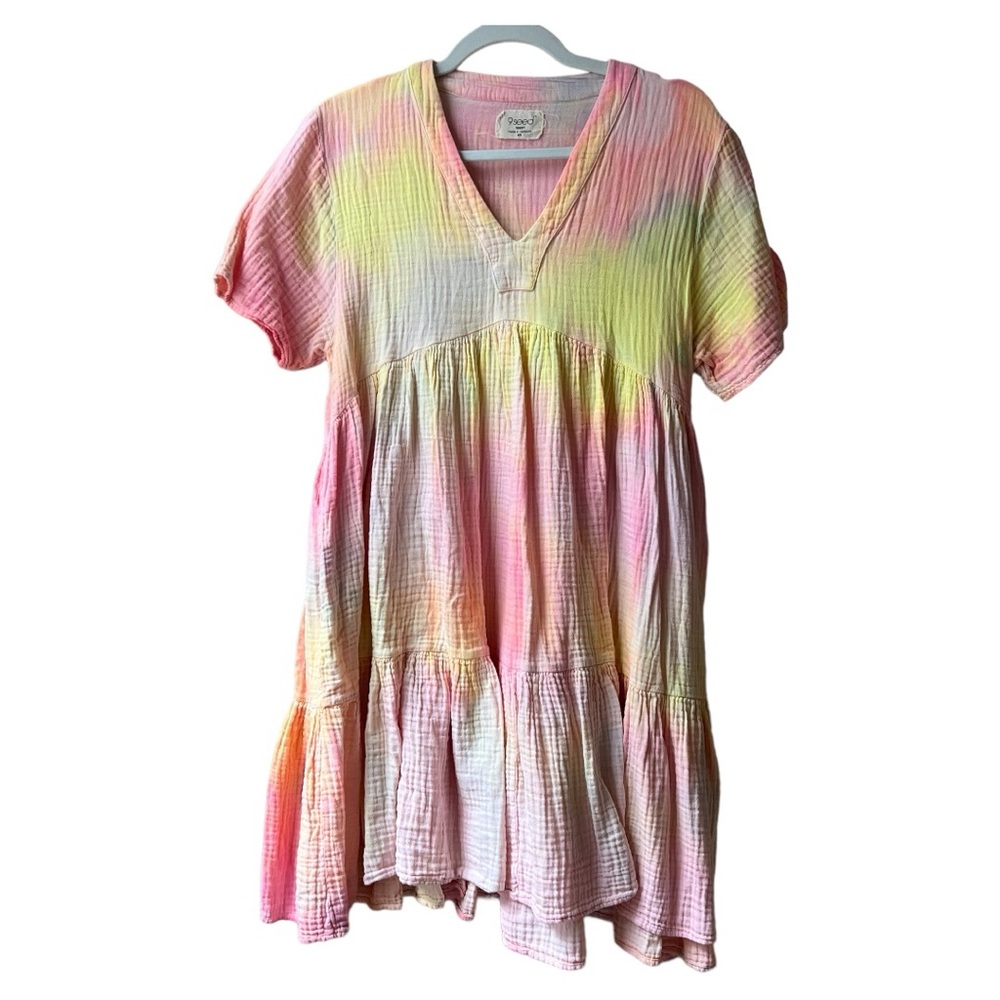 9seed El Matador Ruffle Tiered Lightweight Gauze Dress in Opal Tie Dye Rainbow